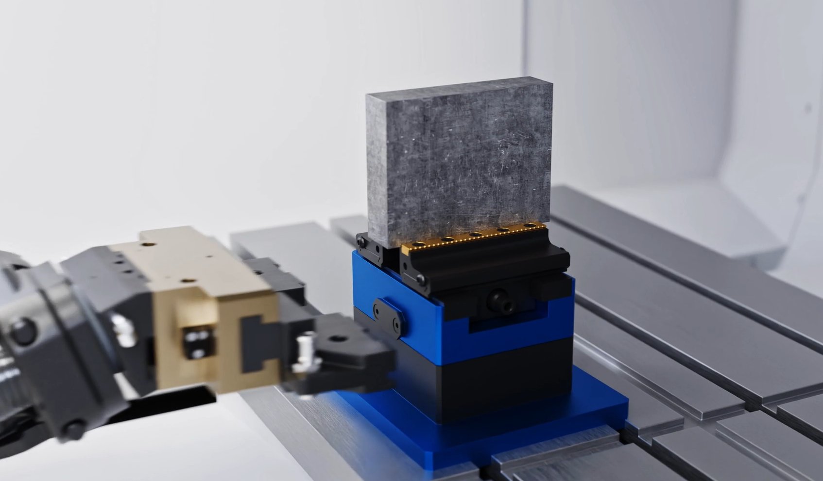 Gripper interfacing with a RockLock™ pneumatic chuck on a machine table