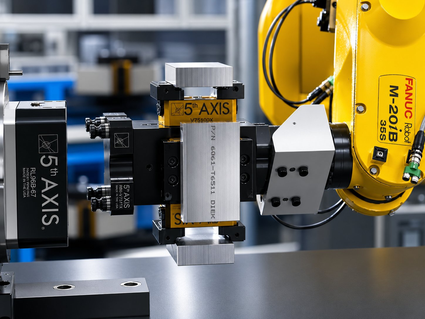 FANUC M-201iB gripper interfacing with a V75100X vise and RL96B-67 receiver chuck via standardized pull studs