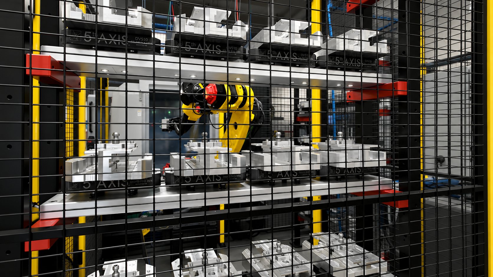 FANUC robot tending rows of 5th Axis DV510 fixtures on a rack-and-shelf staging system