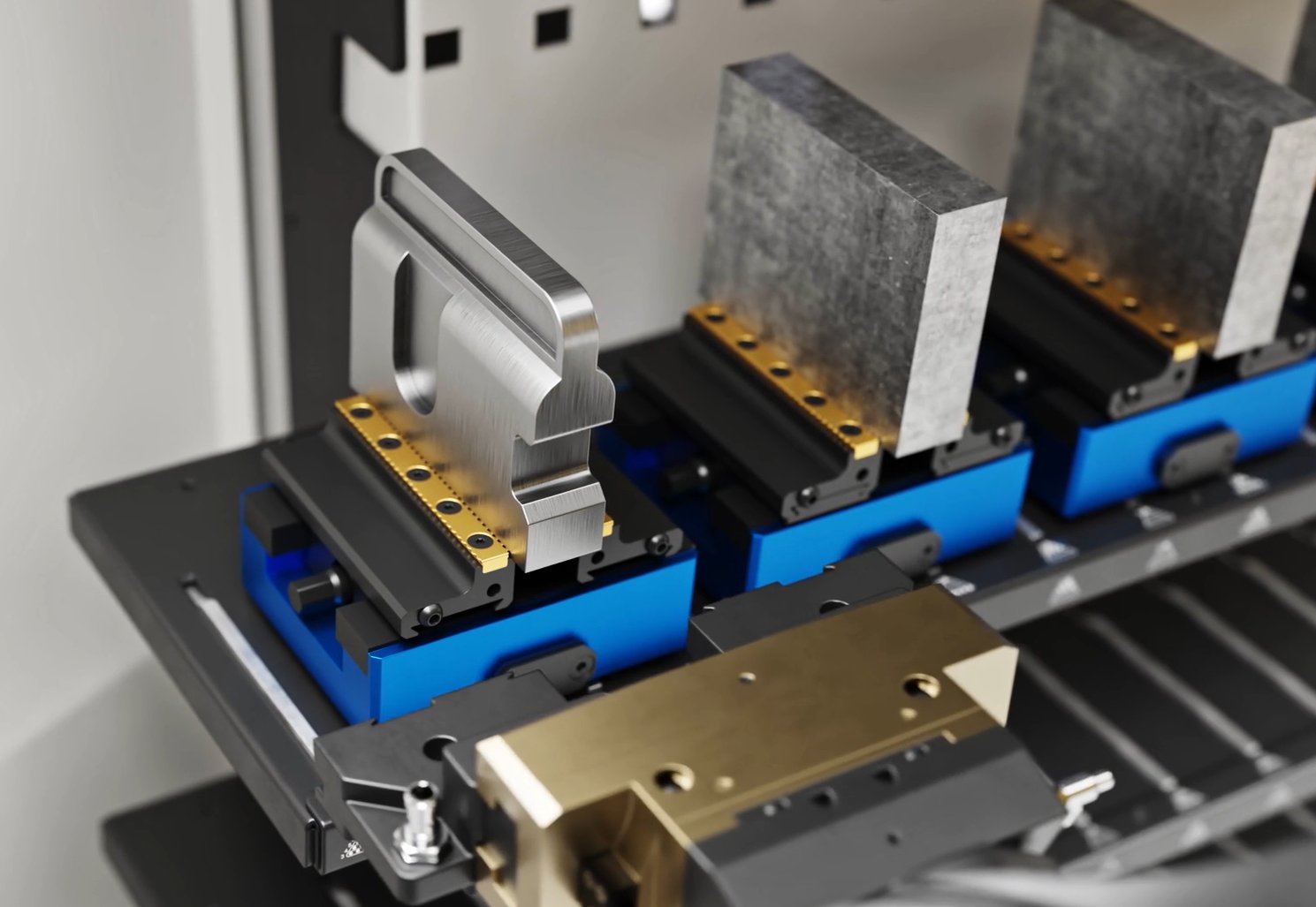 Close-up of RockLock™ cleats with hardened steel finger and brass receivers on a staging shelf