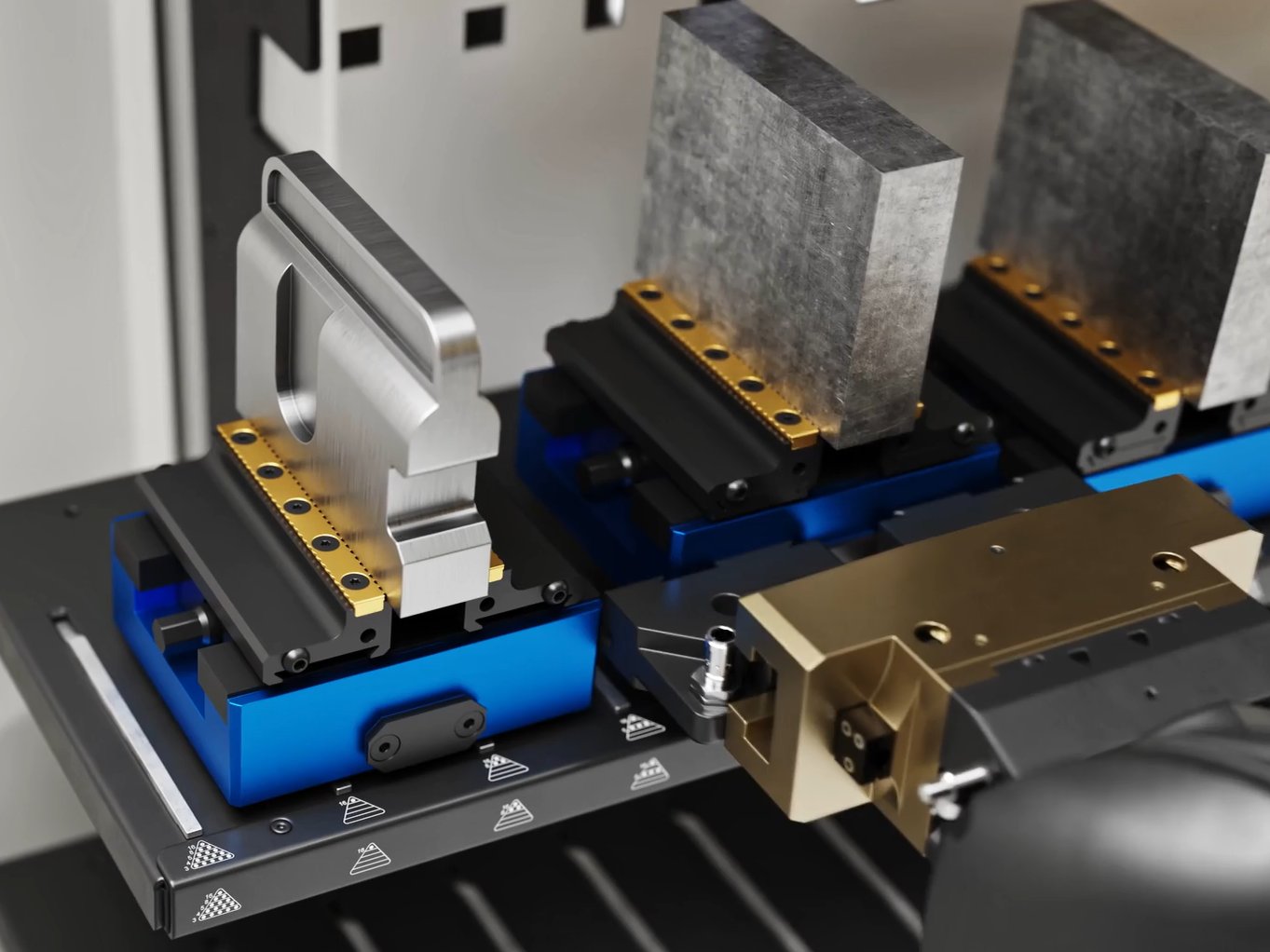 X-vises and dovetail fixtures with RockLock™ interface staged on a shelf with gripper approaching