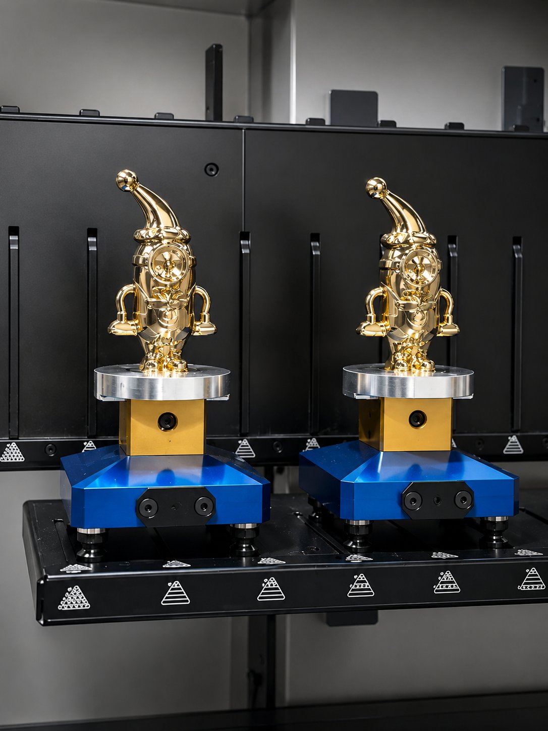 Two finished parts staged on blue transport cleats on a 5th Axis shelf